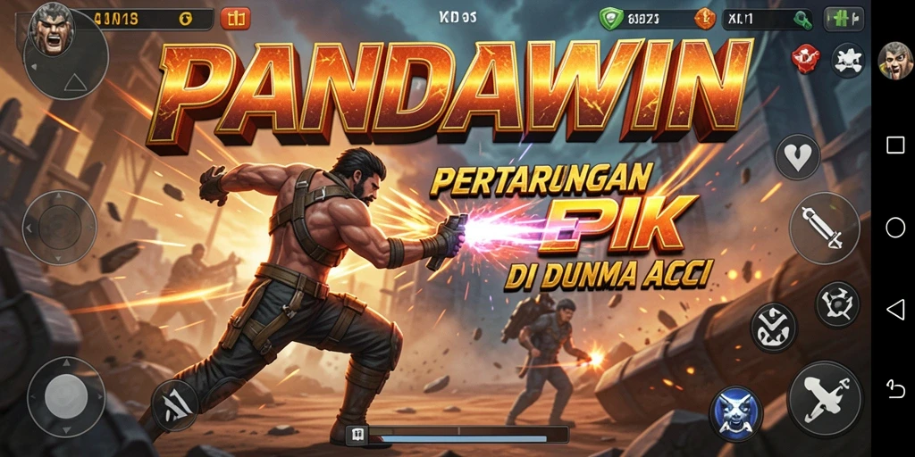 Screenshot utama PANDAWIN menampilkan pertarungan seru antara karakter-karakter unik.