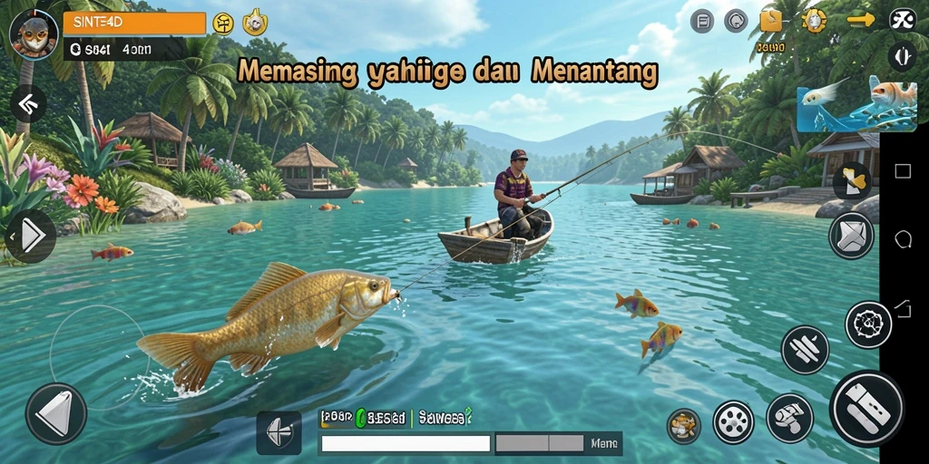 Screenshot SINTE4D menampilkan pemain saat memancing di danau yang tenang.